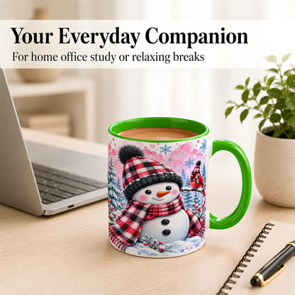 #pl[11oz|Green] Snowman Cardinal Coffee Mug, Buffalo Plaid Winter Mug, Ceramic Cup