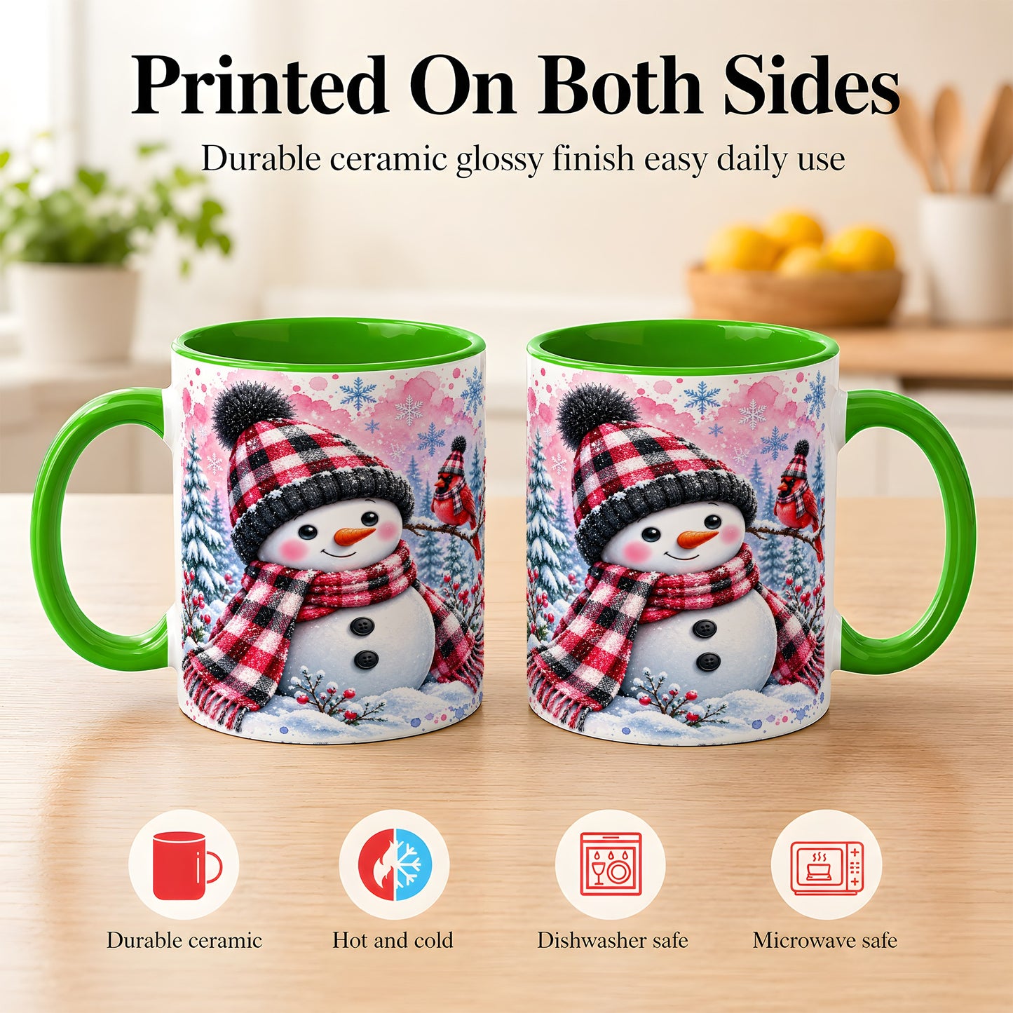 #pl[11oz|Green] Snowman Cardinal Coffee Mug, Buffalo Plaid Winter Mug, Ceramic Cup