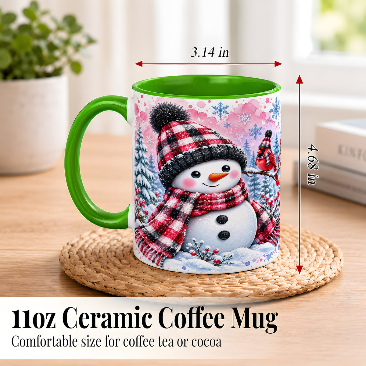 #pl[11oz|Green] Snowman Cardinal Coffee Mug, Buffalo Plaid Winter Mug, Ceramic Cup
