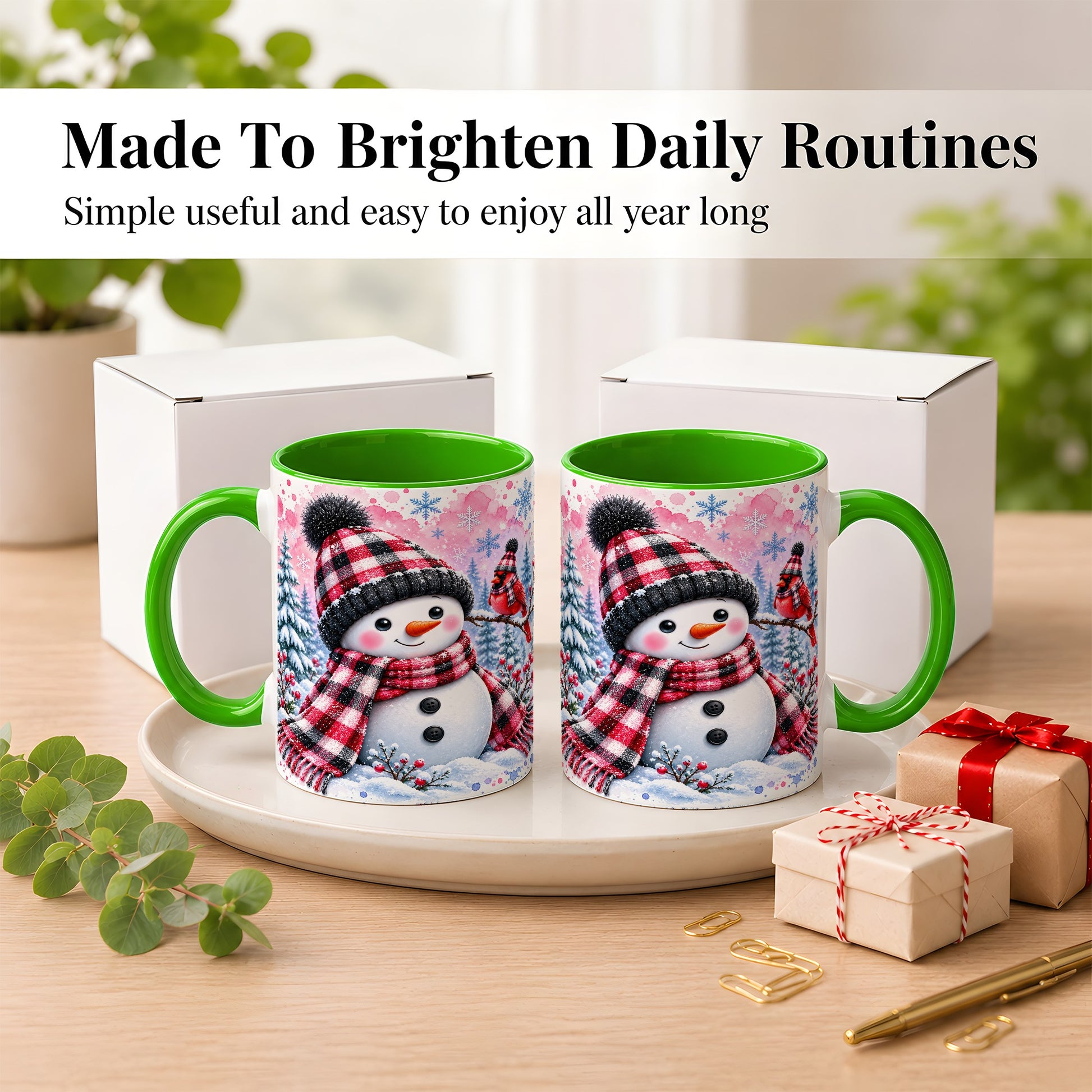 #pl[11oz|Green] Snowman Cardinal Coffee Mug, Buffalo Plaid Winter Mug, Ceramic Cup