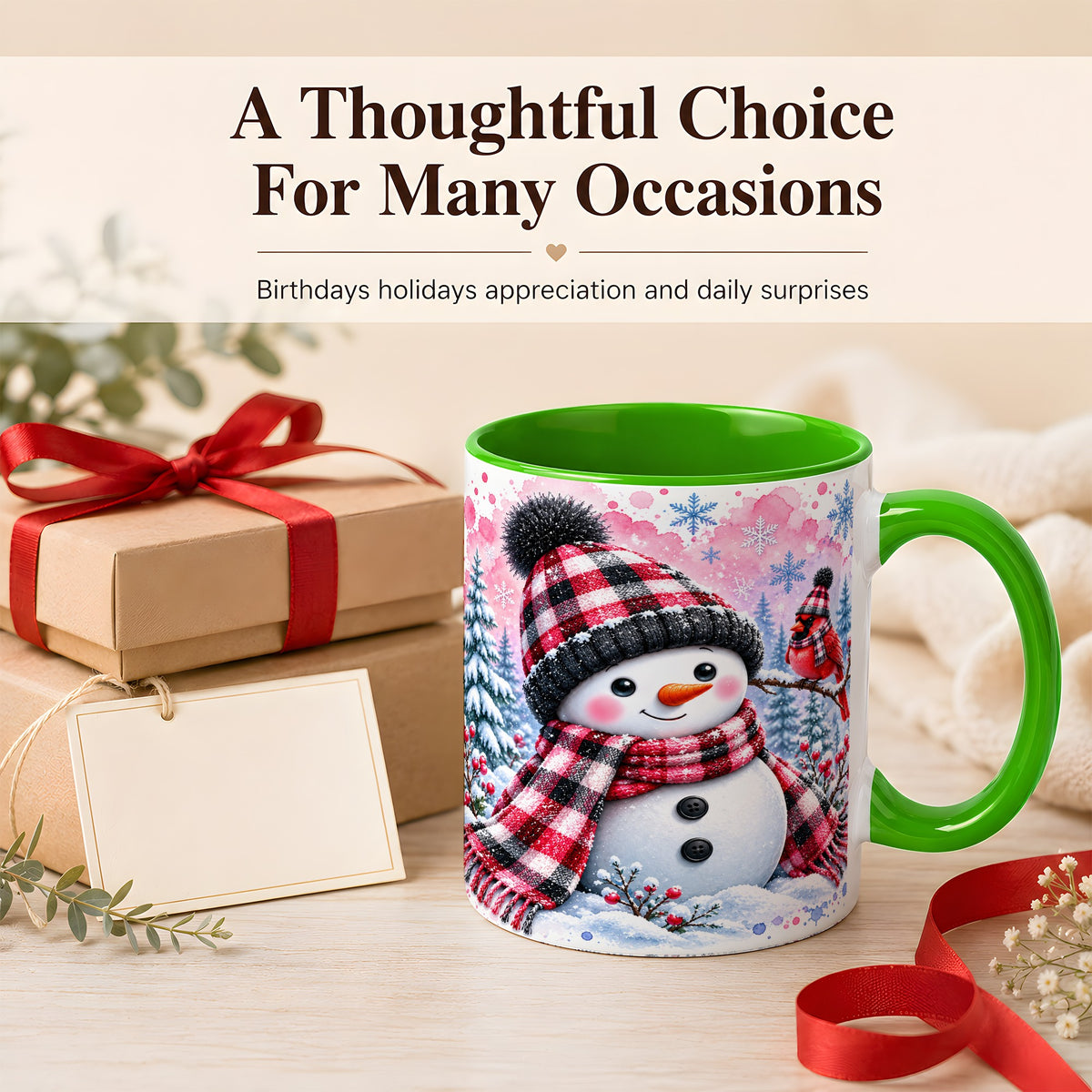 #pl[11oz|Green] Snowman Cardinal Coffee Mug, Buffalo Plaid Winter Mug, Ceramic Cup