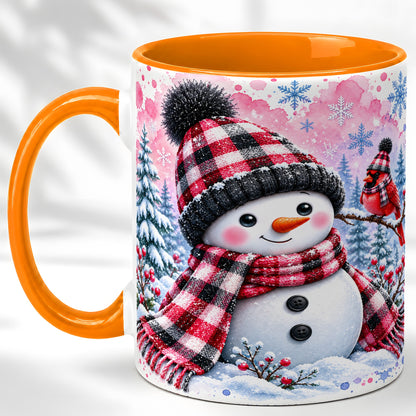 #pl[11oz|Orange] Snowman Cardinal Coffee Mug, Buffalo Plaid Winter Mug, Ceramic Cup