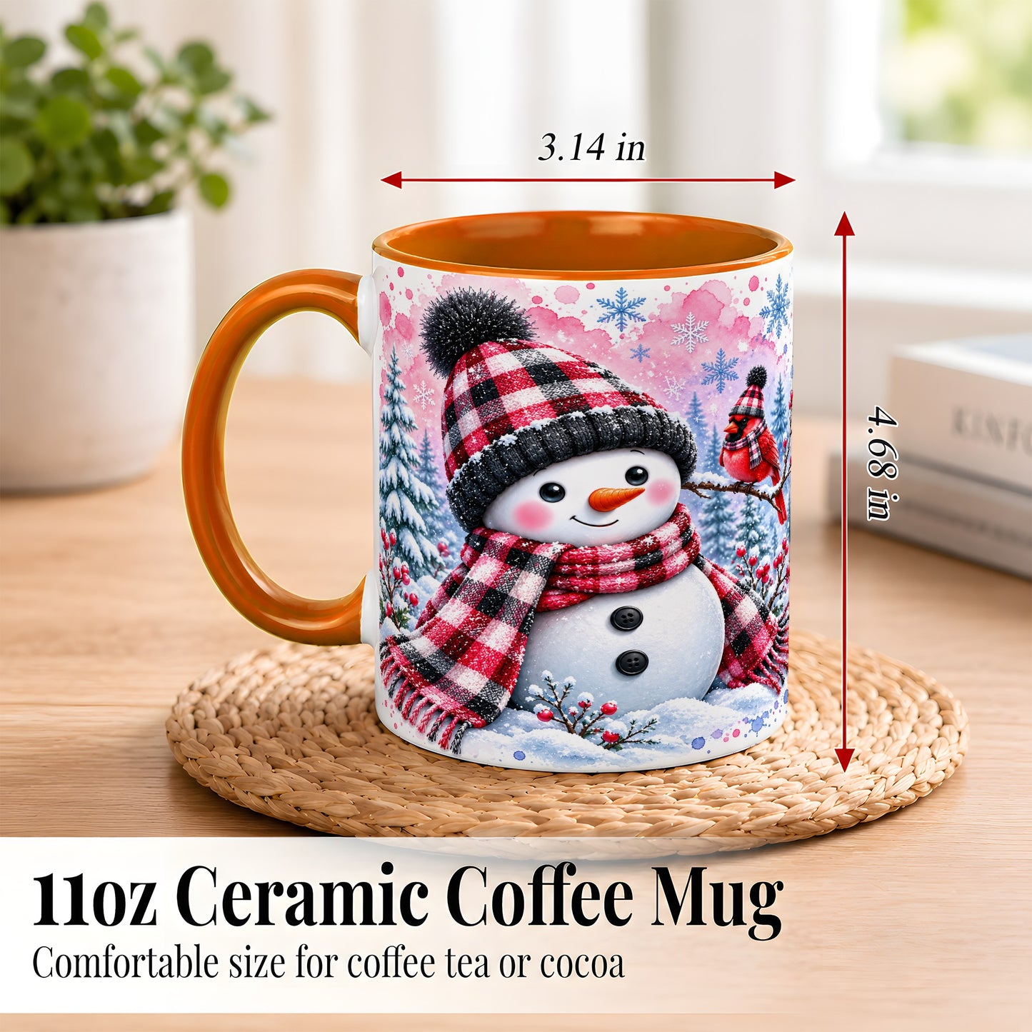 #pl[11oz|Orange] Snowman Cardinal Coffee Mug, Buffalo Plaid Winter Mug, Ceramic Cup