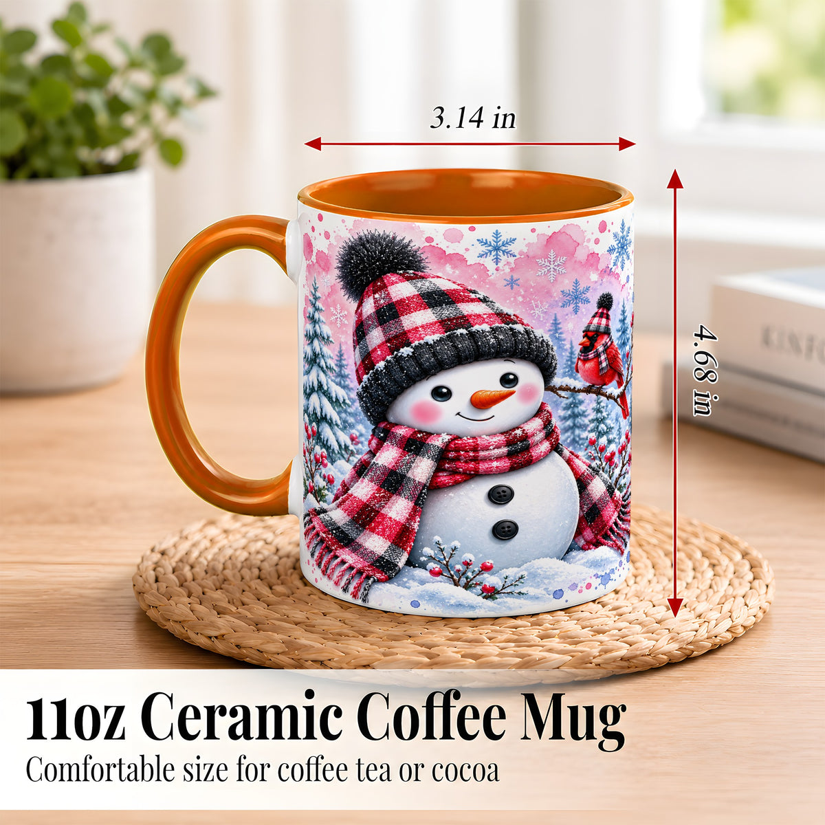 #pl[11oz|Orange] Snowman Cardinal Coffee Mug, Buffalo Plaid Winter Mug, Ceramic Cup