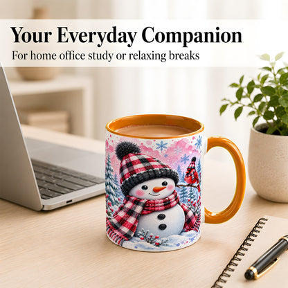 #pl[11oz|Orange] Snowman Cardinal Coffee Mug, Buffalo Plaid Winter Mug, Ceramic Cup
