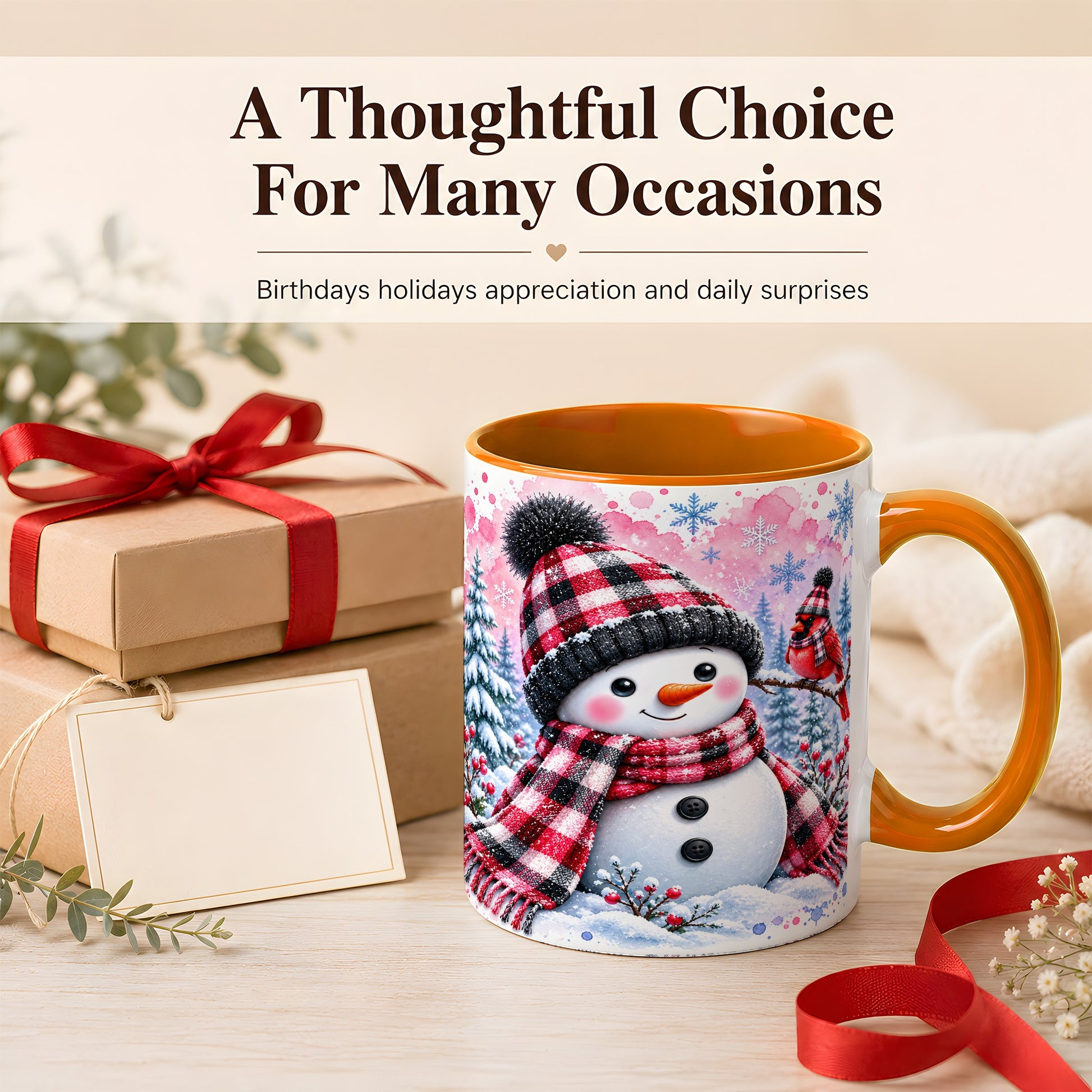 #pl[11oz|Orange] Snowman Cardinal Coffee Mug, Buffalo Plaid Winter Mug, Ceramic Cup