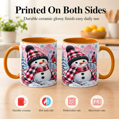 #pl[11oz|Orange] Snowman Cardinal Coffee Mug, Buffalo Plaid Winter Mug, Ceramic Cup