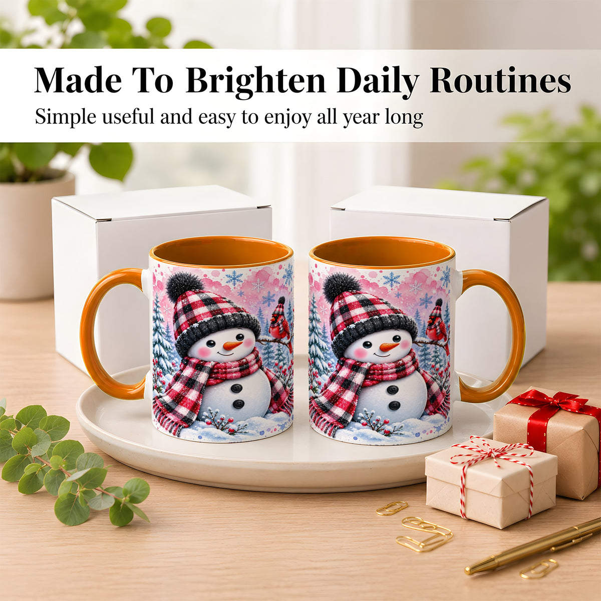 #pl[11oz|Orange] Snowman Cardinal Coffee Mug, Buffalo Plaid Winter Mug, Ceramic Cup