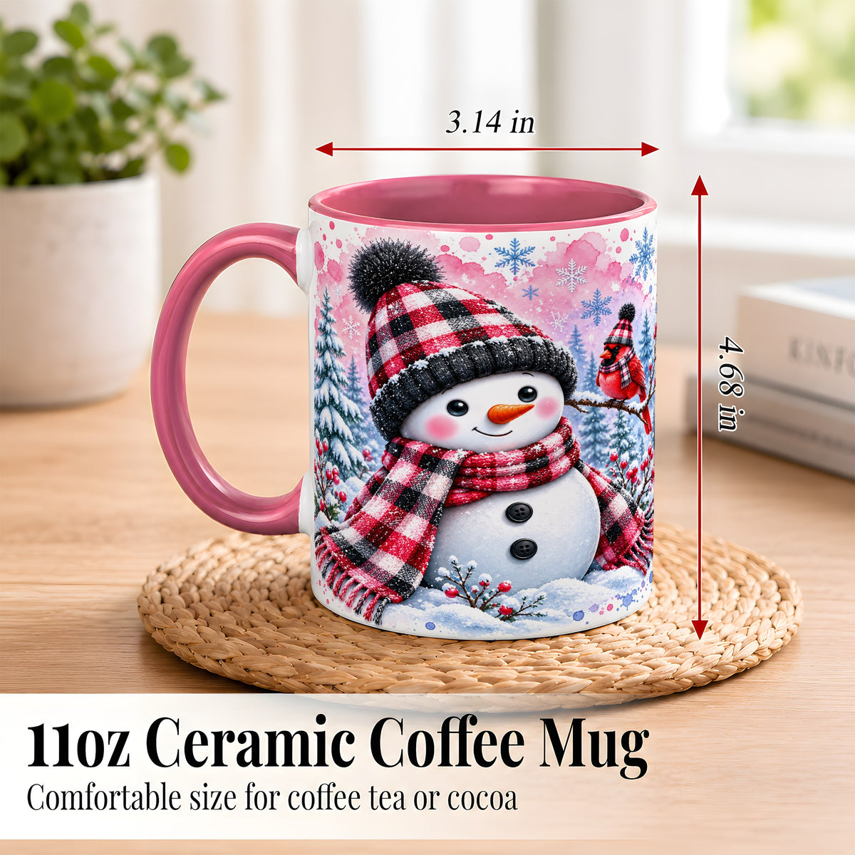 #pl[11oz|Pink] Snowman Cardinal Coffee Mug, Buffalo Plaid Winter Mug, Ceramic Cup