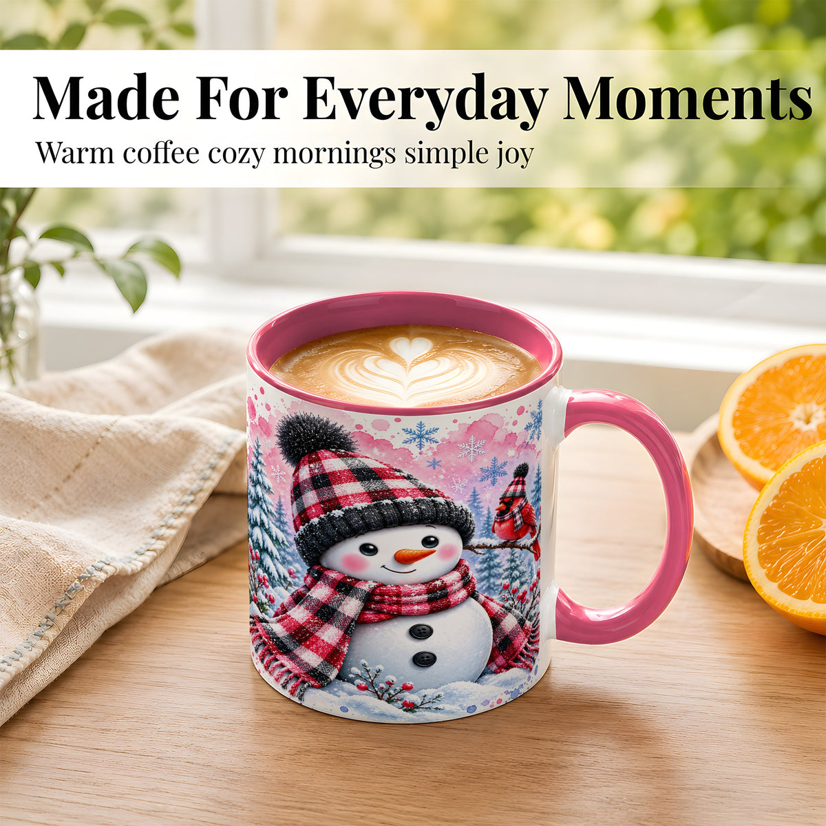 #pl[11oz|Pink] Snowman Cardinal Coffee Mug, Buffalo Plaid Winter Mug, Ceramic Cup
