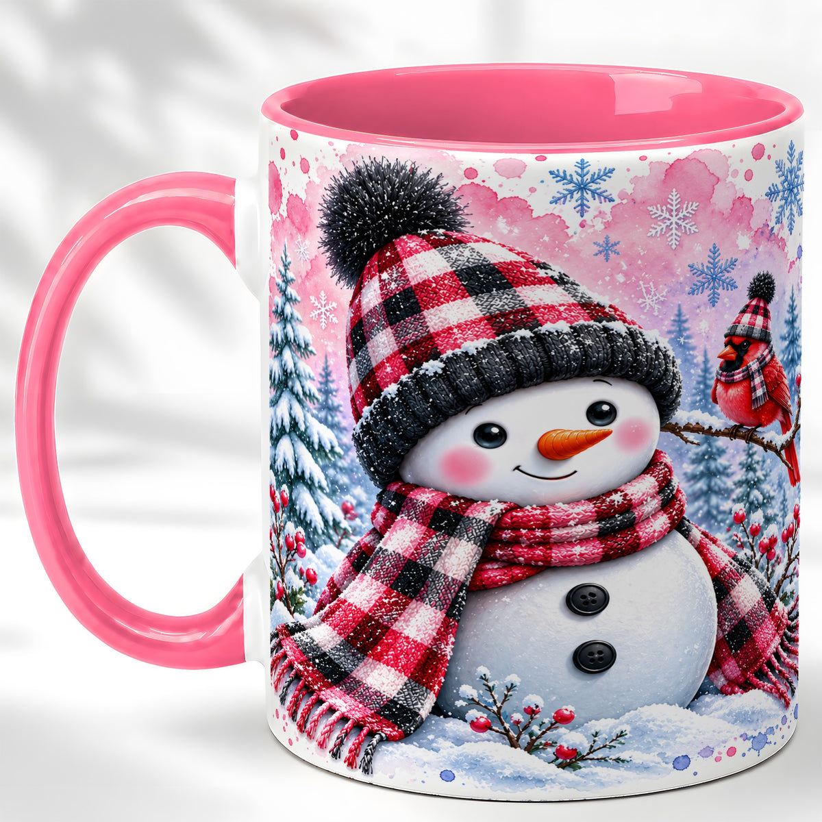 #pl[11oz|Pink] Snowman Cardinal Coffee Mug, Buffalo Plaid Winter Mug, Ceramic Cup