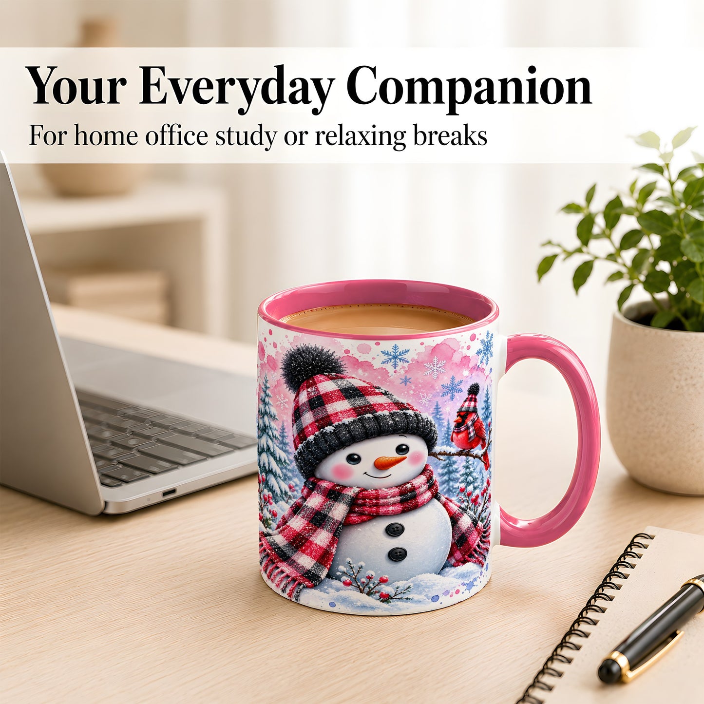 #pl[11oz|Pink] Snowman Cardinal Coffee Mug, Buffalo Plaid Winter Mug, Ceramic Cup