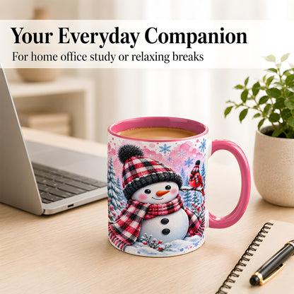 #pl[11oz|Pink] Snowman Cardinal Coffee Mug, Buffalo Plaid Winter Mug, Ceramic Cup