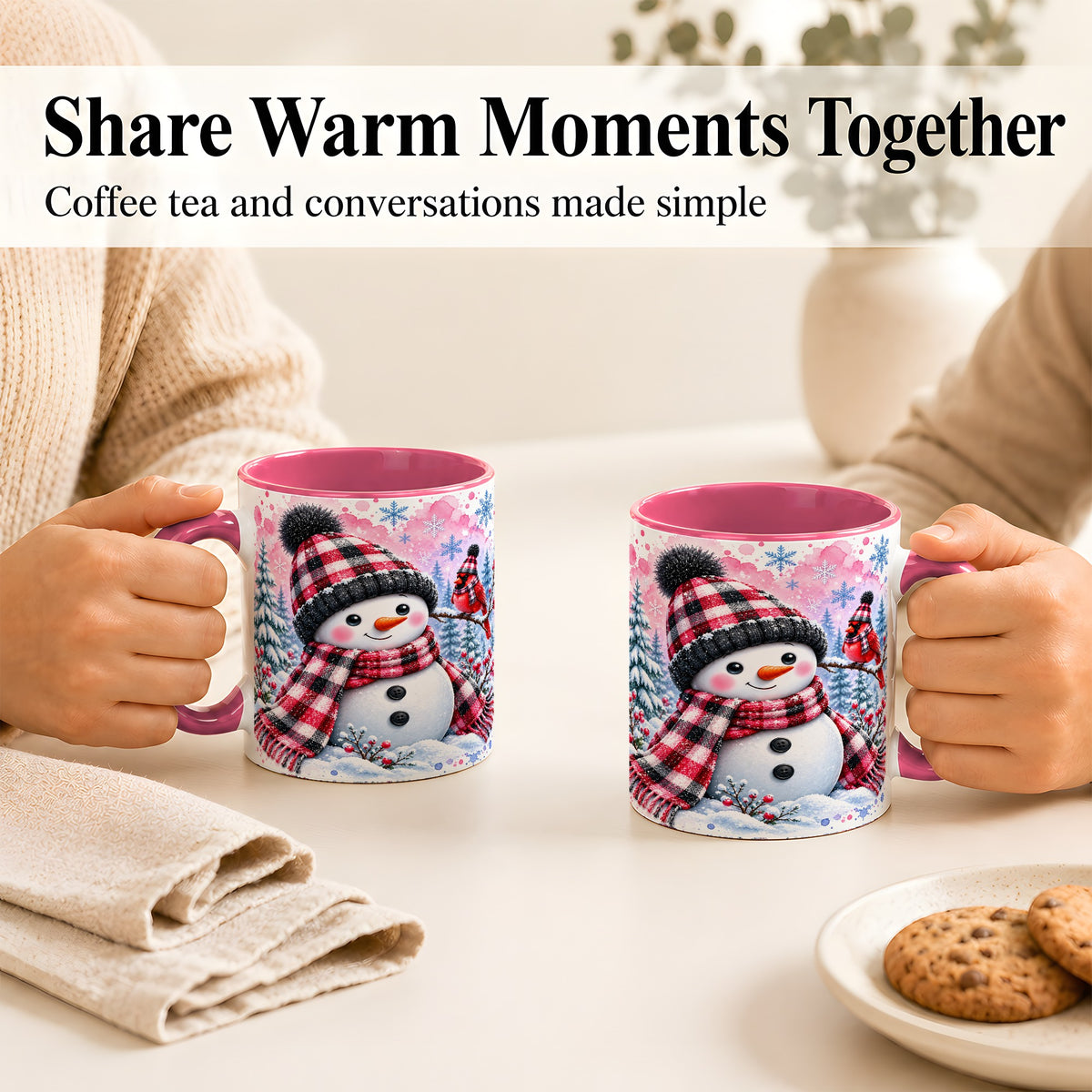#pl[11oz|Pink] Snowman Cardinal Coffee Mug, Buffalo Plaid Winter Mug, Ceramic Cup