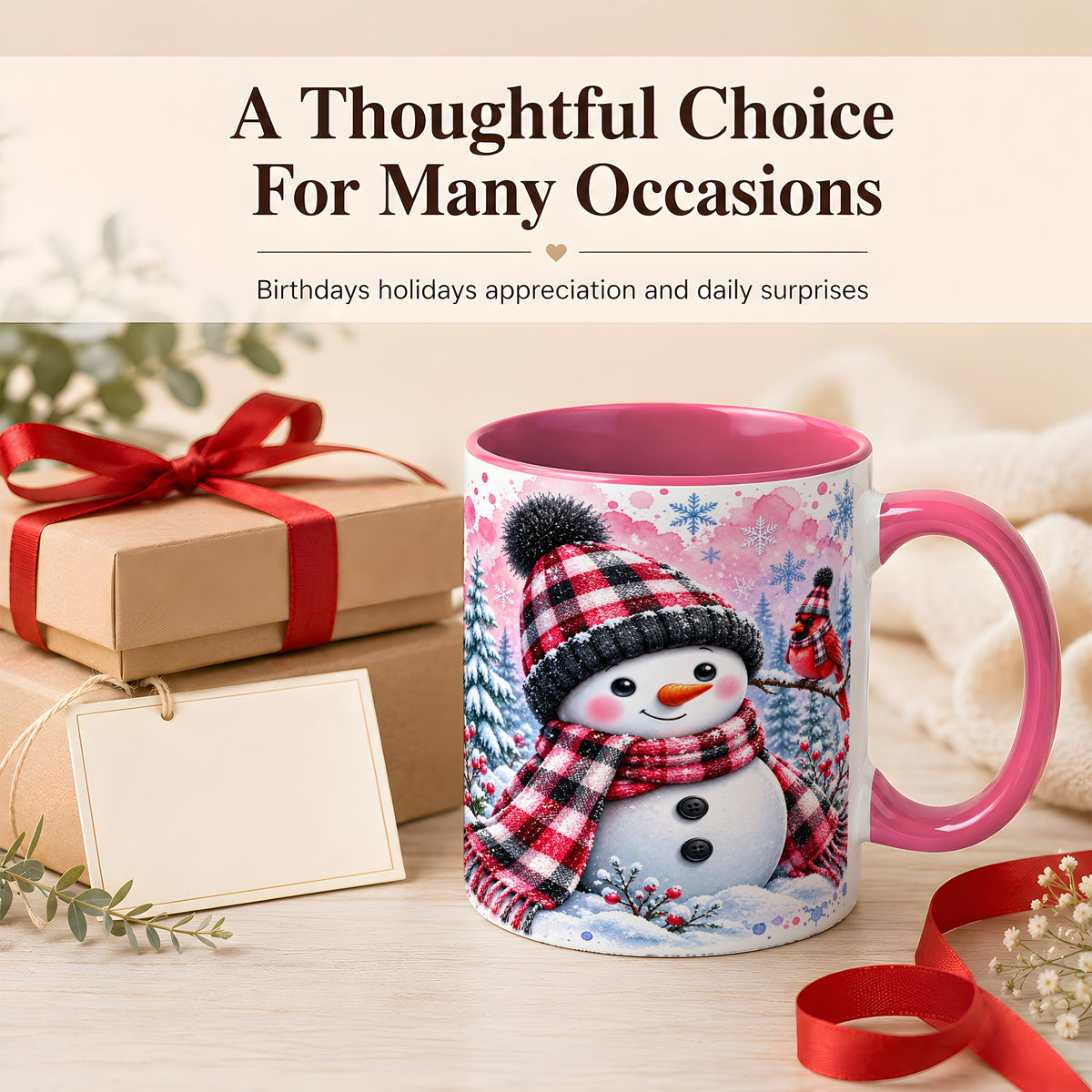 #pl[11oz|Pink] Snowman Cardinal Coffee Mug, Buffalo Plaid Winter Mug, Ceramic Cup
