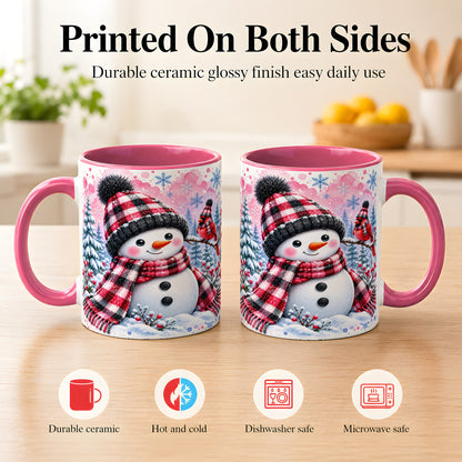 #pl[11oz|Pink] Snowman Cardinal Coffee Mug, Buffalo Plaid Winter Mug, Ceramic Cup