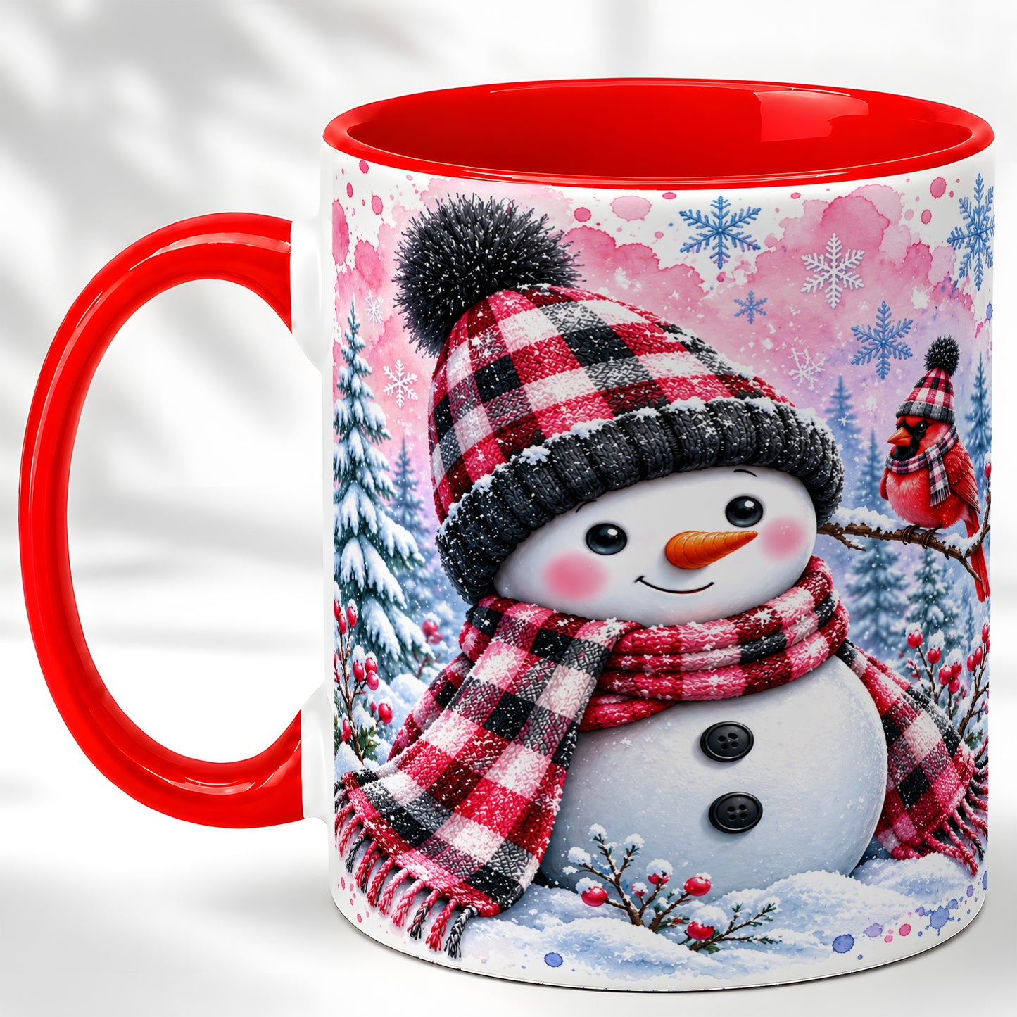 Snowman Cardinal Coffee Mug, Buffalo Plaid Winter Mug, Ceramic Cup