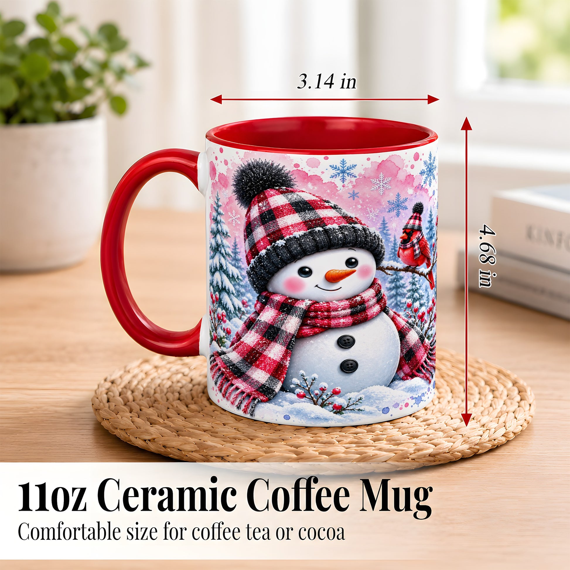 #pl[11oz|Red] Snowman Cardinal Coffee Mug, Buffalo Plaid Winter Mug, Ceramic Cup