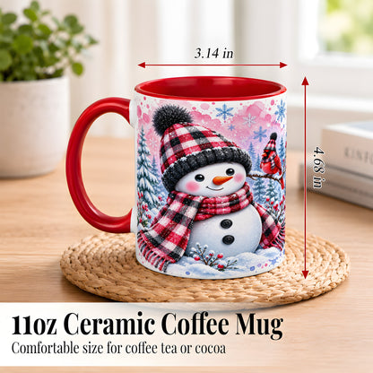 #pl[11oz|Red] Snowman Cardinal Coffee Mug, Buffalo Plaid Winter Mug, Ceramic Cup