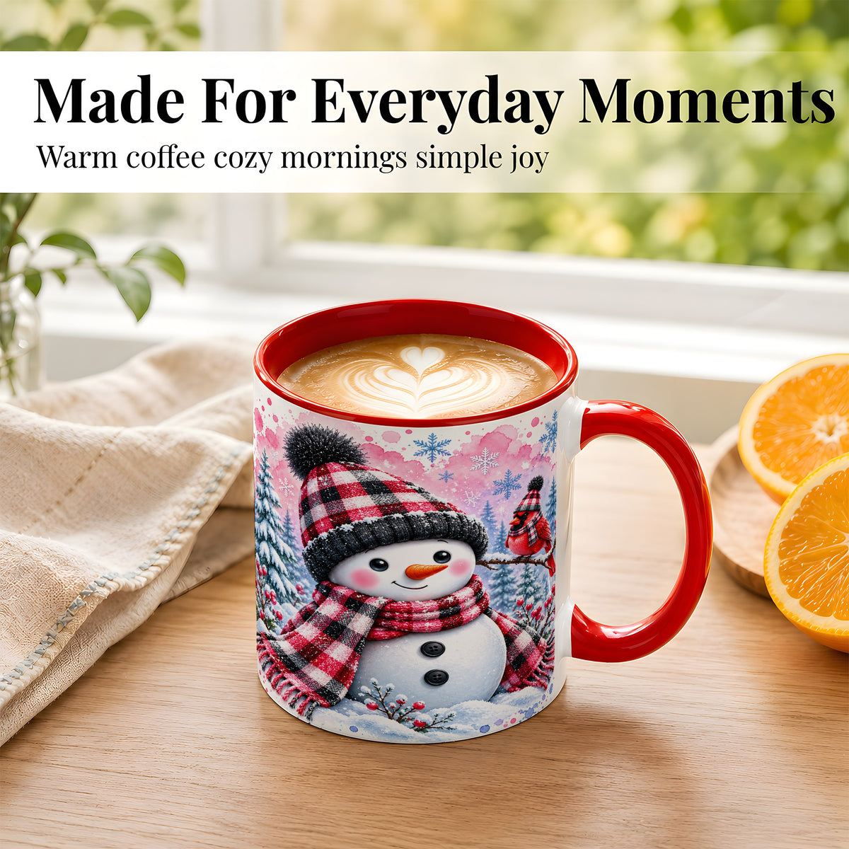 #pl[11oz|Red] Snowman Cardinal Coffee Mug, Buffalo Plaid Winter Mug, Ceramic Cup