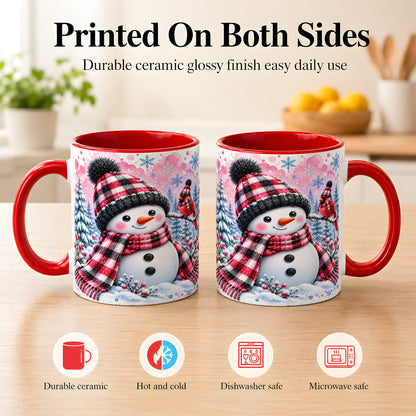#pl[11oz|Red] Snowman Cardinal Coffee Mug, Buffalo Plaid Winter Mug, Ceramic Cup
