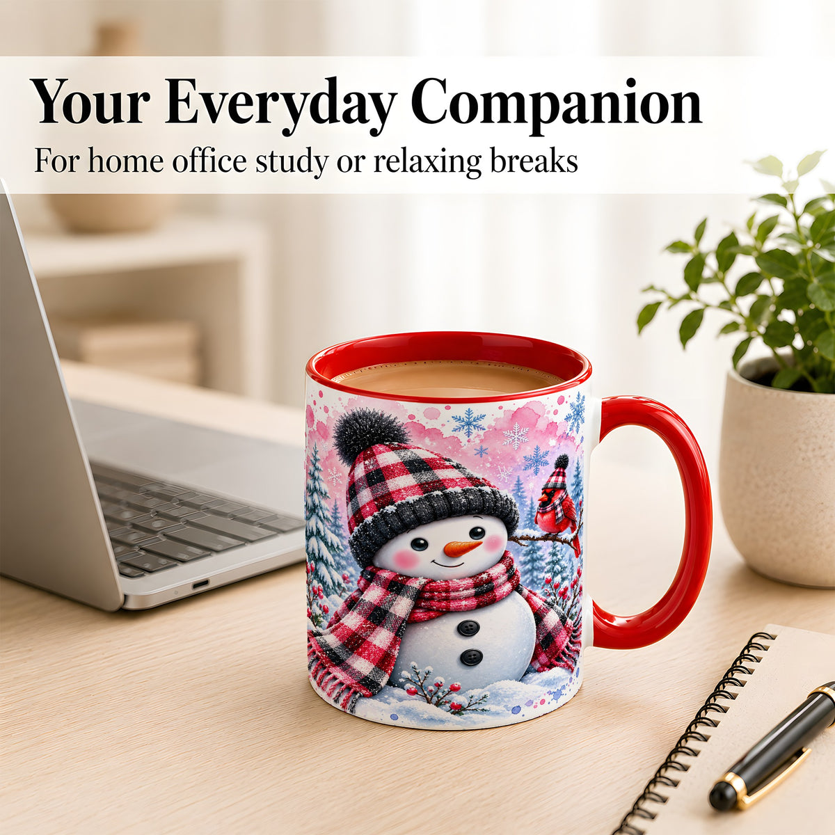 #pl[11oz|Red] Snowman Cardinal Coffee Mug, Buffalo Plaid Winter Mug, Ceramic Cup