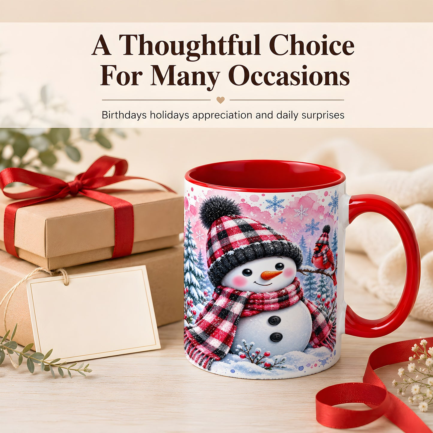 #pl[11oz|Red] Snowman Cardinal Coffee Mug, Buffalo Plaid Winter Mug, Ceramic Cup