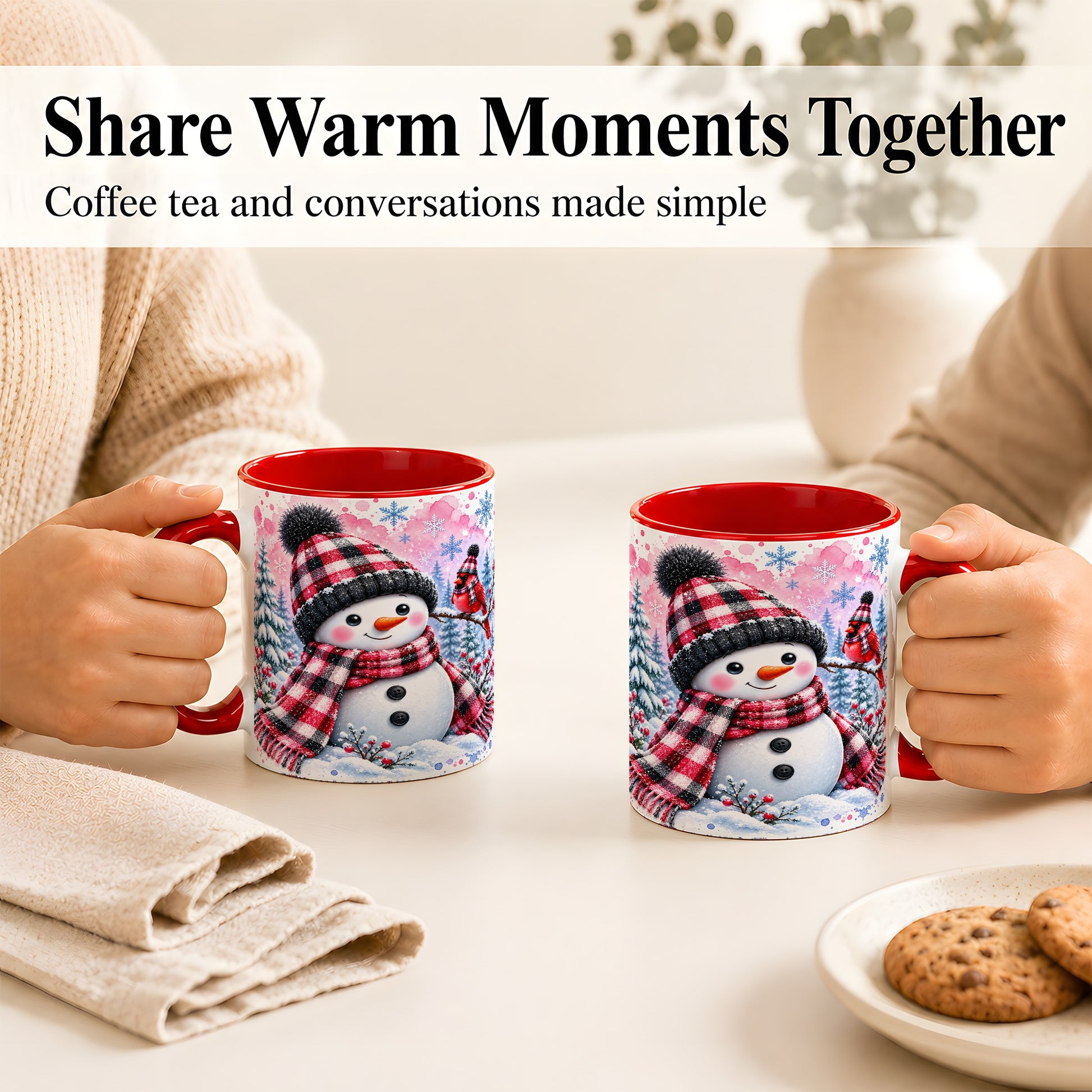 #pl[11oz|Red] Snowman Cardinal Coffee Mug, Buffalo Plaid Winter Mug, Ceramic Cup