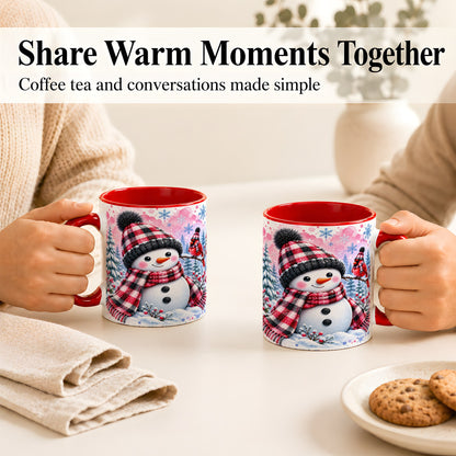 #pl[11oz|Red] Snowman Cardinal Coffee Mug, Buffalo Plaid Winter Mug, Ceramic Cup