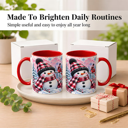 #pl[11oz|Red] Snowman Cardinal Coffee Mug, Buffalo Plaid Winter Mug, Ceramic Cup