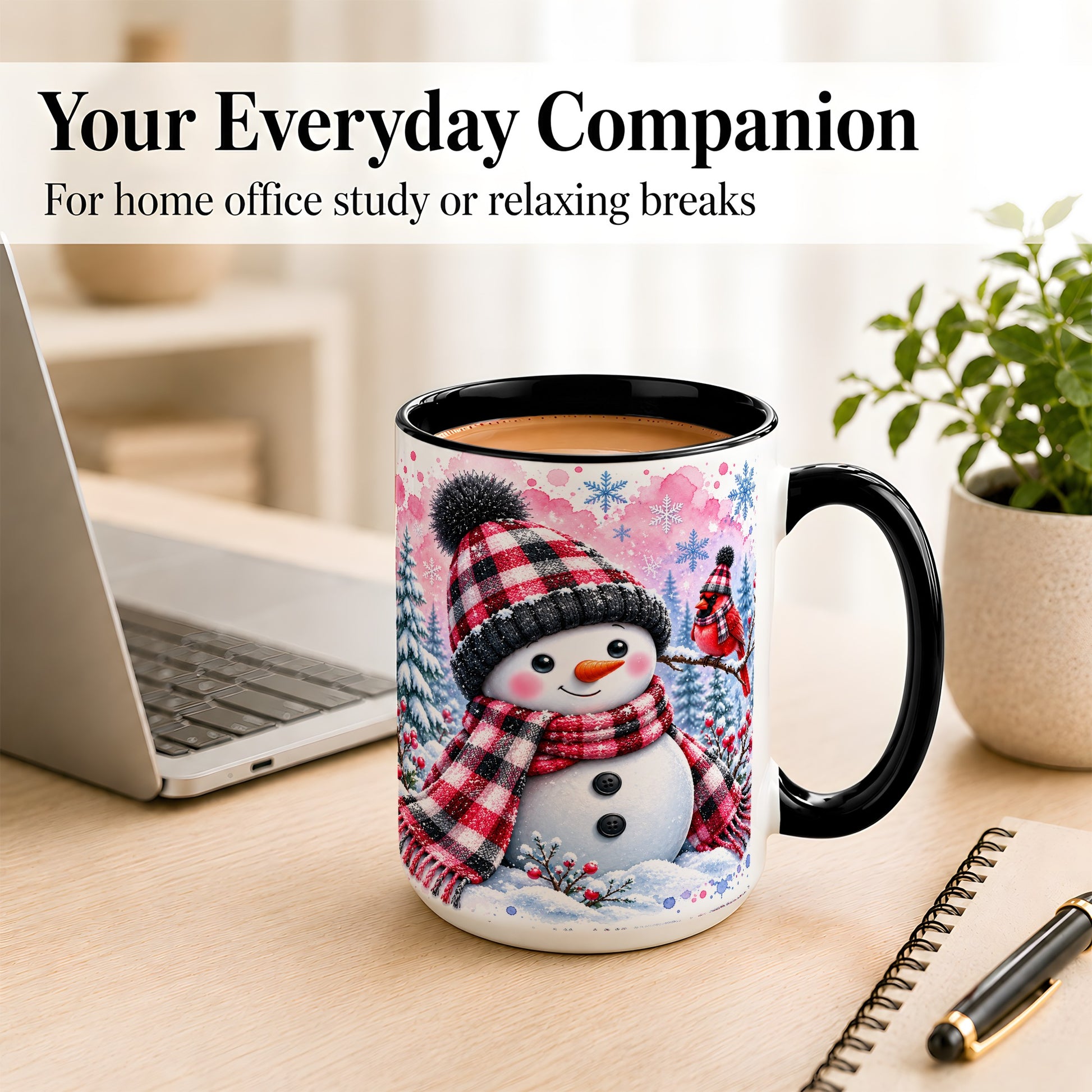 #pl[15oz|Black] Snowman Cardinal Coffee Mug, Buffalo Plaid Winter Mug, Ceramic Cup