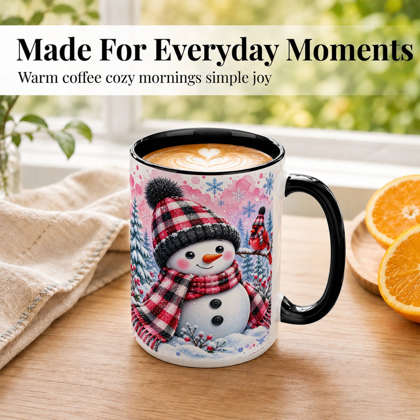 #pl[15oz|Black] Snowman Cardinal Coffee Mug, Buffalo Plaid Winter Mug, Ceramic Cup