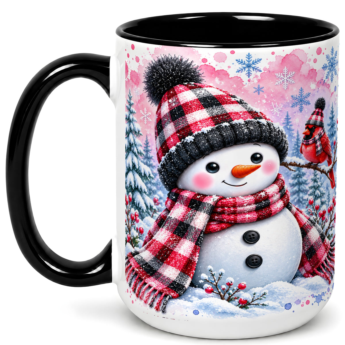 #pl[15oz|Black] Snowman Cardinal Coffee Mug, Buffalo Plaid Winter Mug, Ceramic Cup