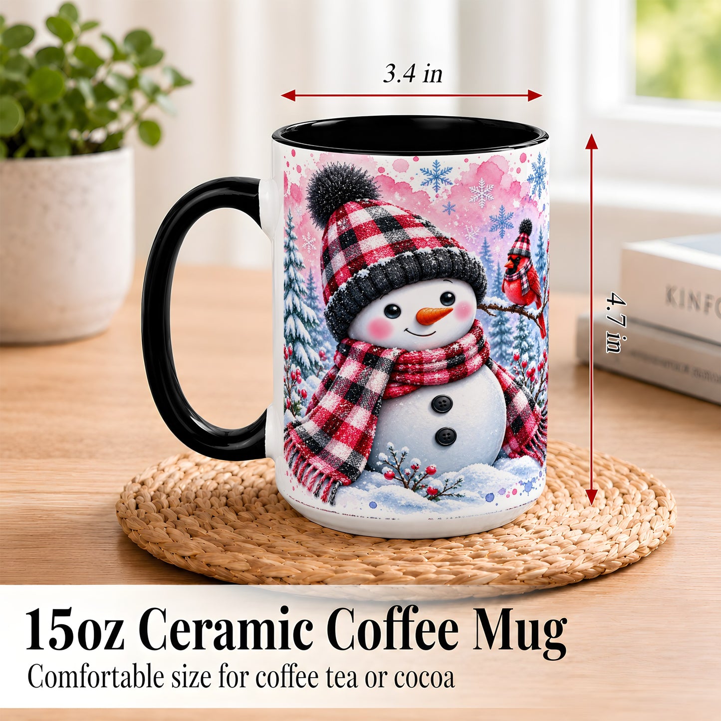 #pl[15oz|Black] Snowman Cardinal Coffee Mug, Buffalo Plaid Winter Mug, Ceramic Cup