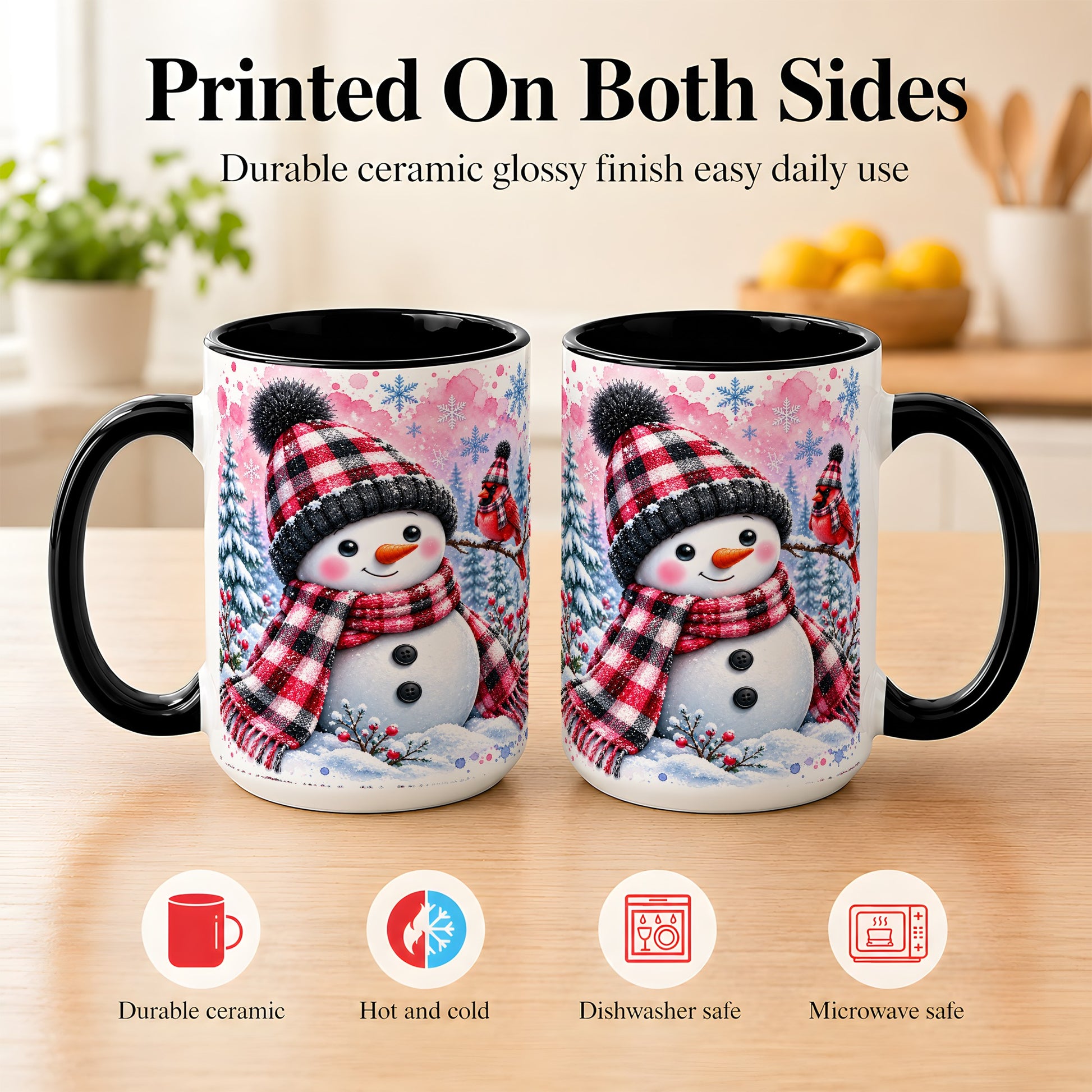 #pl[15oz|Black] Snowman Cardinal Coffee Mug, Buffalo Plaid Winter Mug, Ceramic Cup