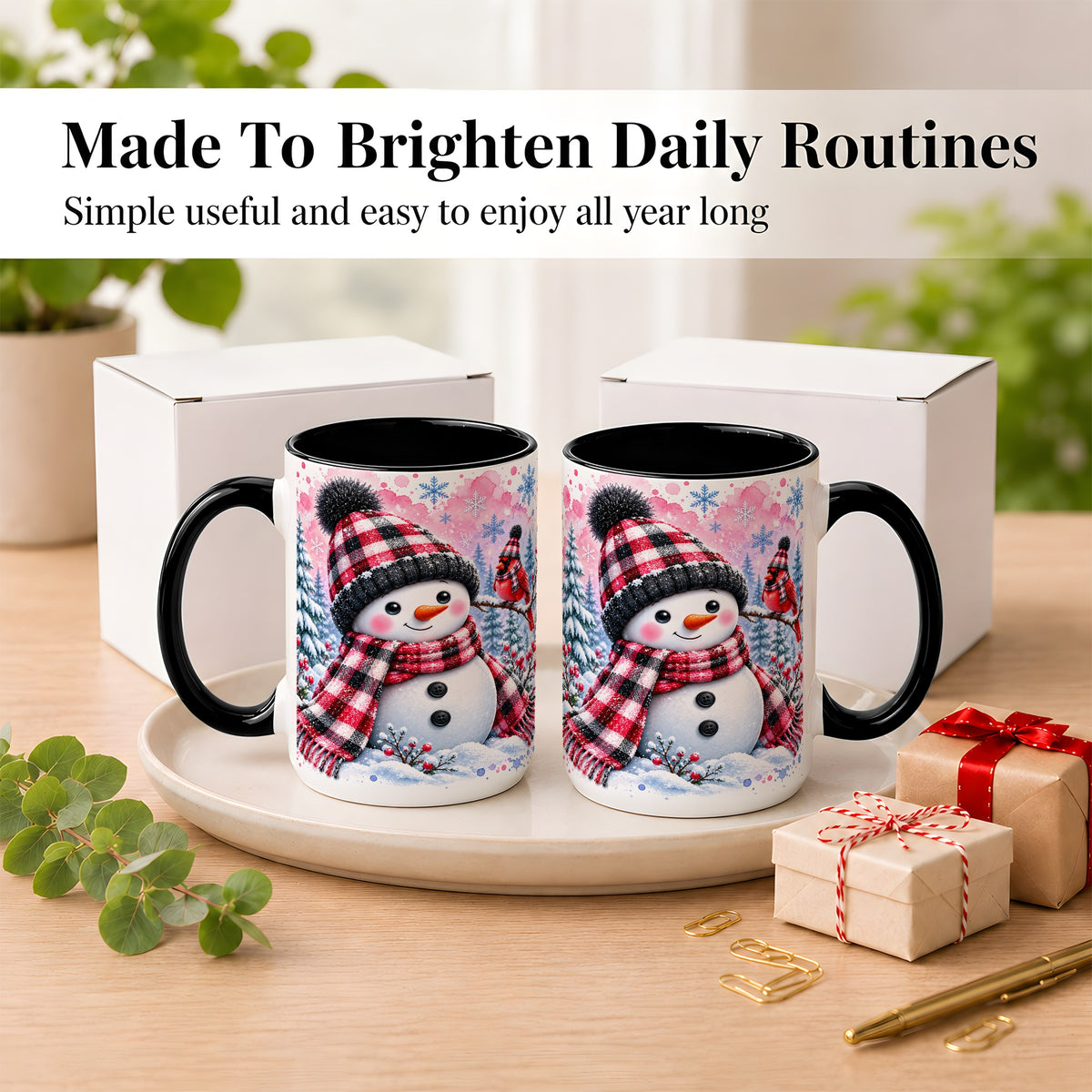 #pl[15oz|Black] Snowman Cardinal Coffee Mug, Buffalo Plaid Winter Mug, Ceramic Cup