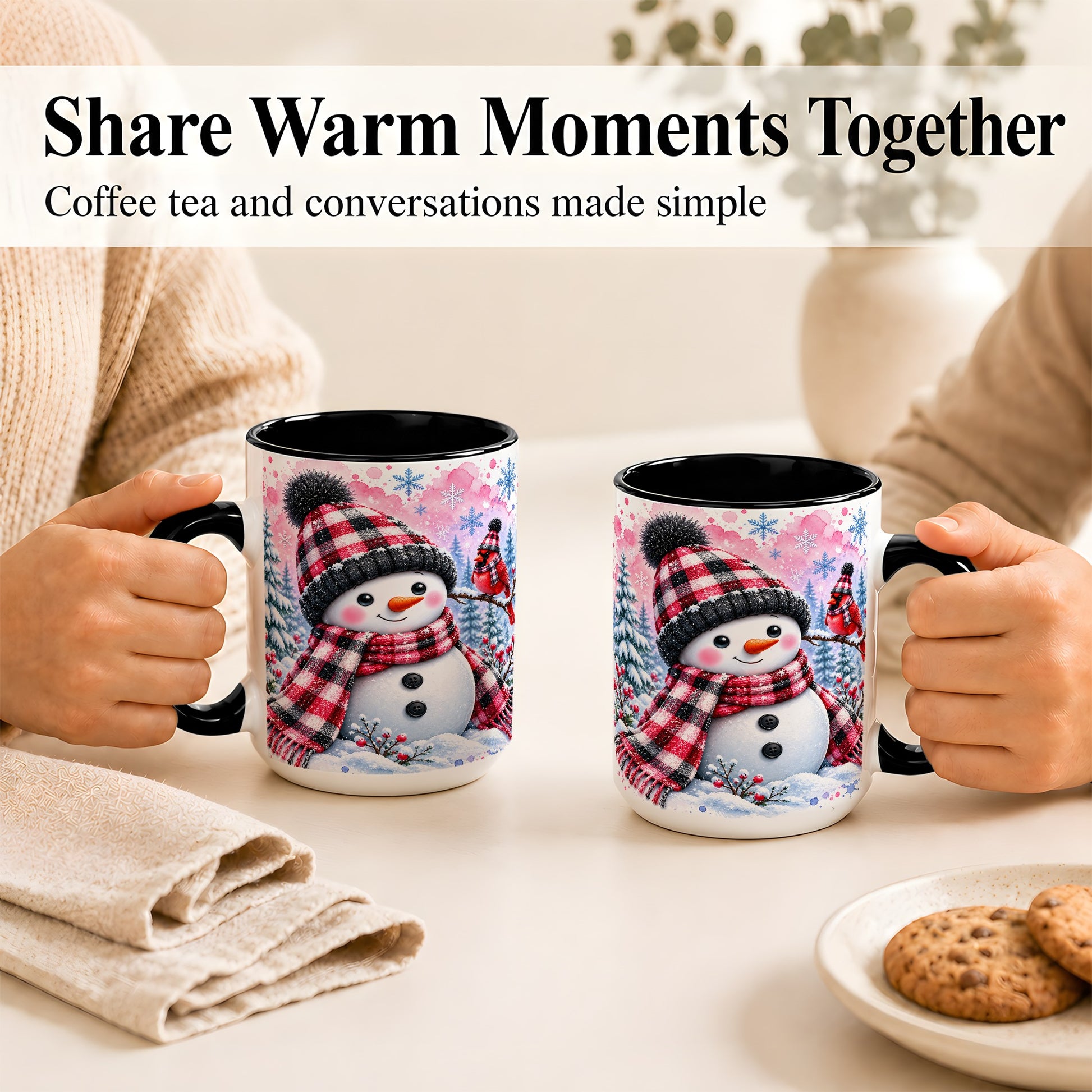 #pl[15oz|Black] Snowman Cardinal Coffee Mug, Buffalo Plaid Winter Mug, Ceramic Cup
