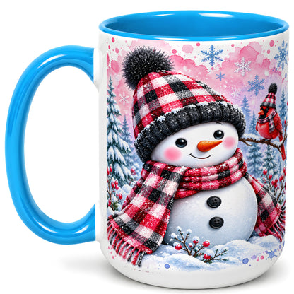 #pl[15oz|Blue] Snowman Cardinal Coffee Mug, Buffalo Plaid Winter Mug, Ceramic Cup