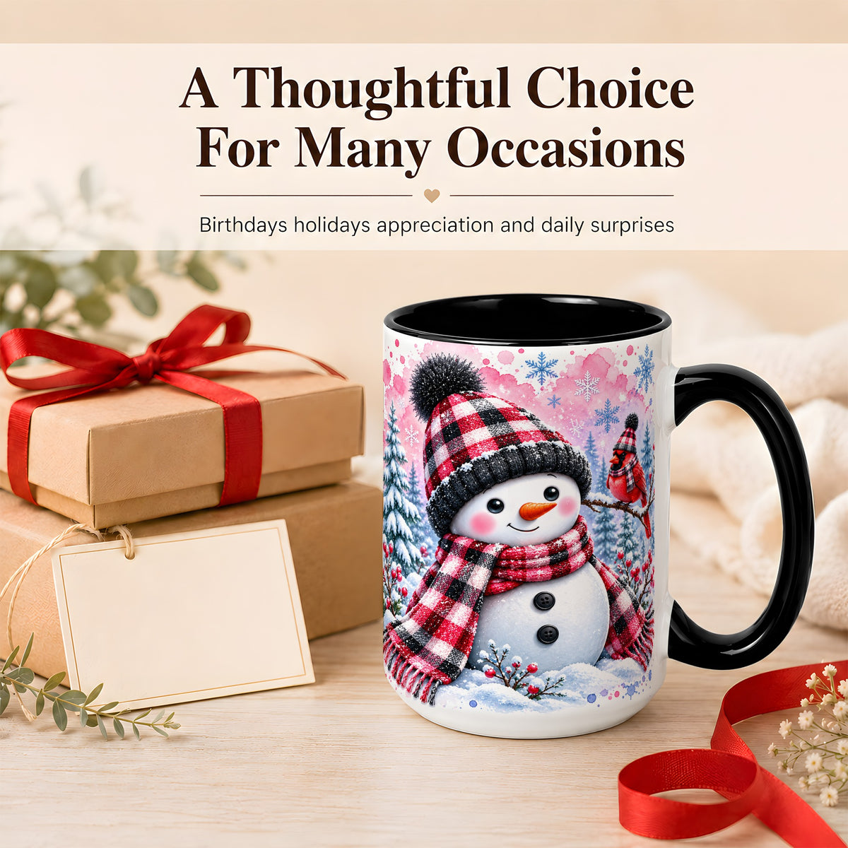 #pl[15oz|Black] Snowman Cardinal Coffee Mug, Buffalo Plaid Winter Mug, Ceramic Cup