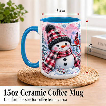 #pl[15oz|Blue] Snowman Cardinal Coffee Mug, Buffalo Plaid Winter Mug, Ceramic Cup