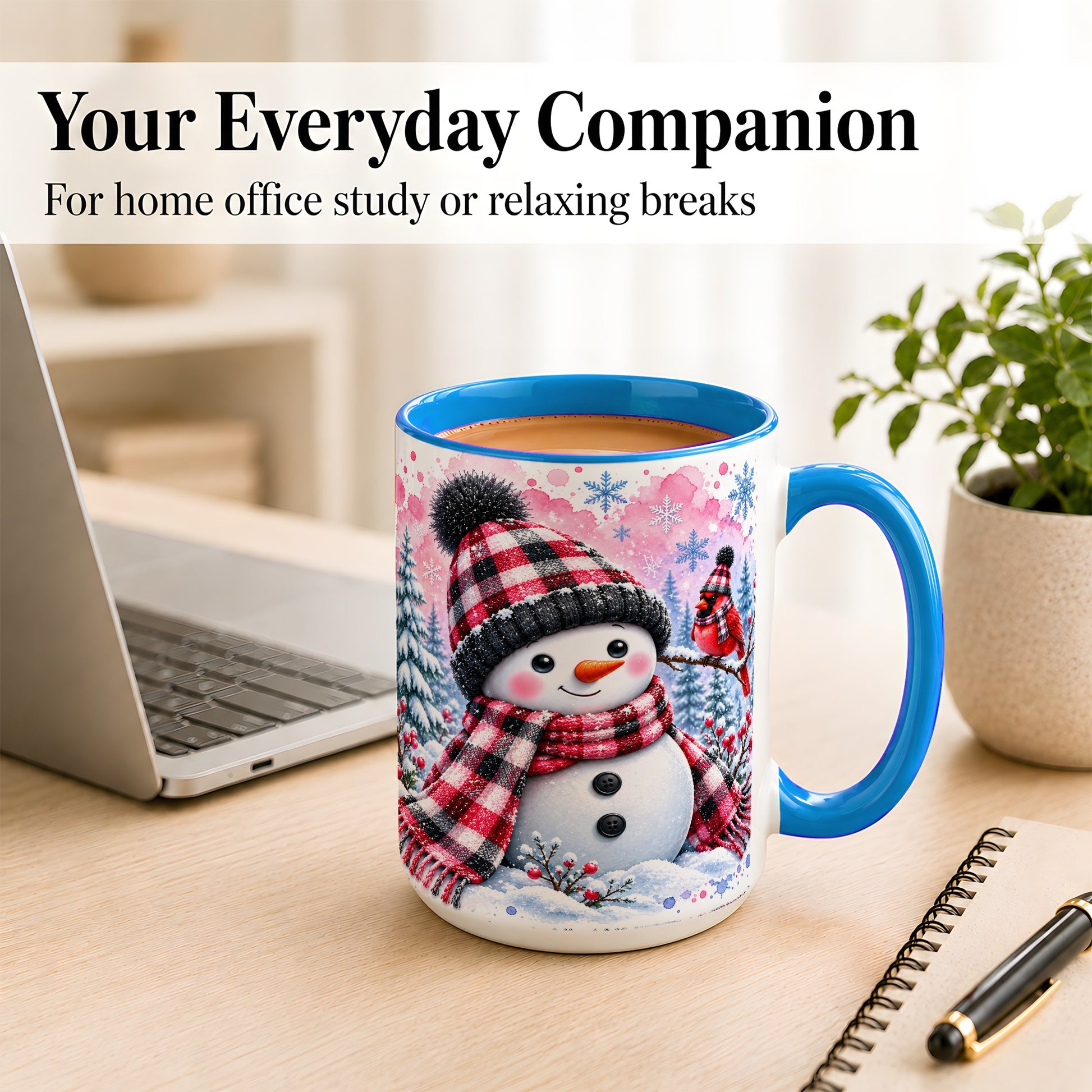 #pl[15oz|Blue] Snowman Cardinal Coffee Mug, Buffalo Plaid Winter Mug, Ceramic Cup