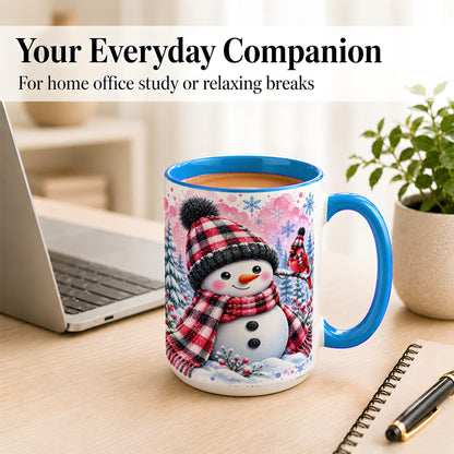 #pl[15oz|Blue] Snowman Cardinal Coffee Mug, Buffalo Plaid Winter Mug, Ceramic Cup