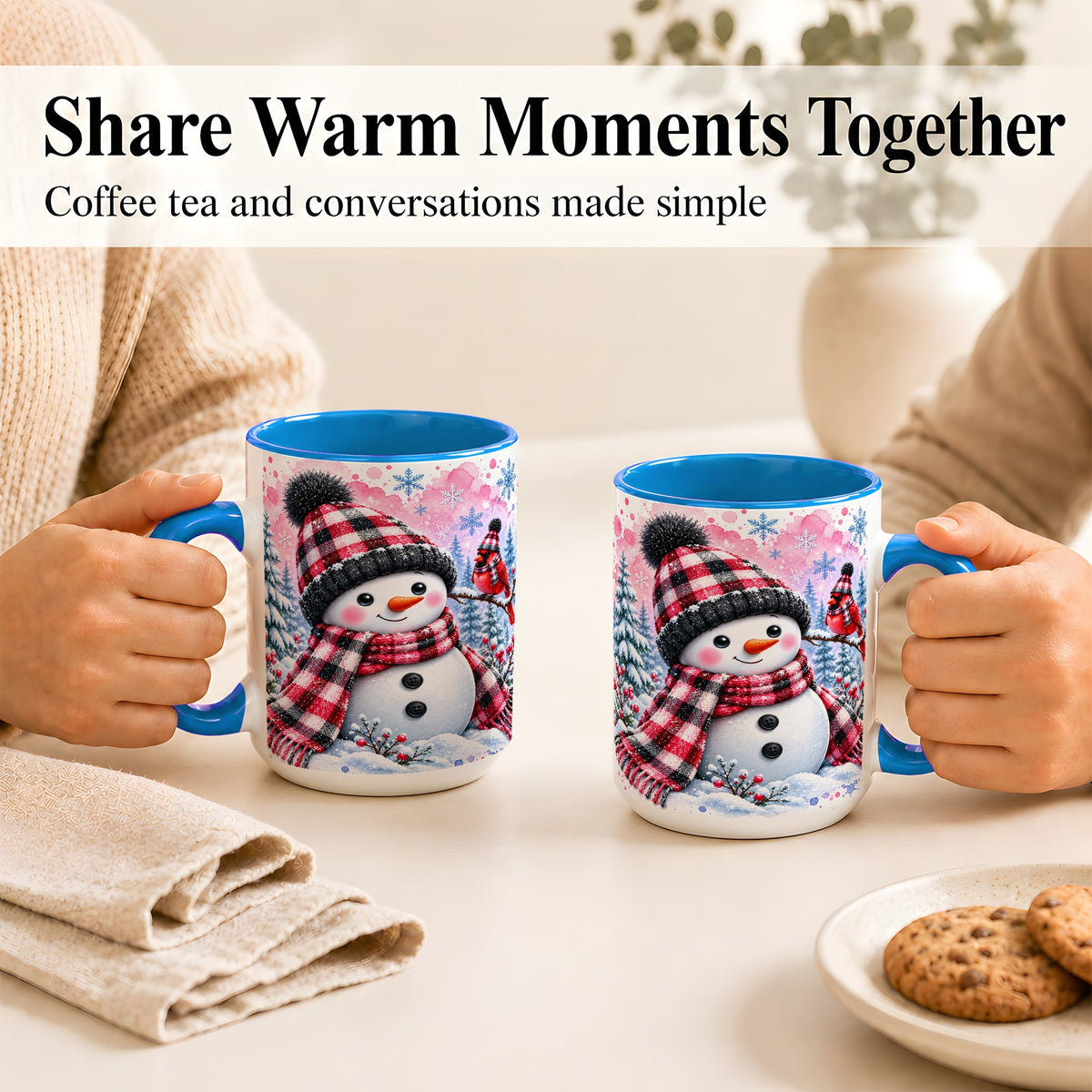 #pl[15oz|Blue] Snowman Cardinal Coffee Mug, Buffalo Plaid Winter Mug, Ceramic Cup