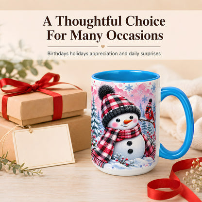 #pl[15oz|Blue] Snowman Cardinal Coffee Mug, Buffalo Plaid Winter Mug, Ceramic Cup