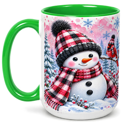 #pl[15oz|Green] Snowman Cardinal Coffee Mug, Buffalo Plaid Winter Mug, Ceramic Cup