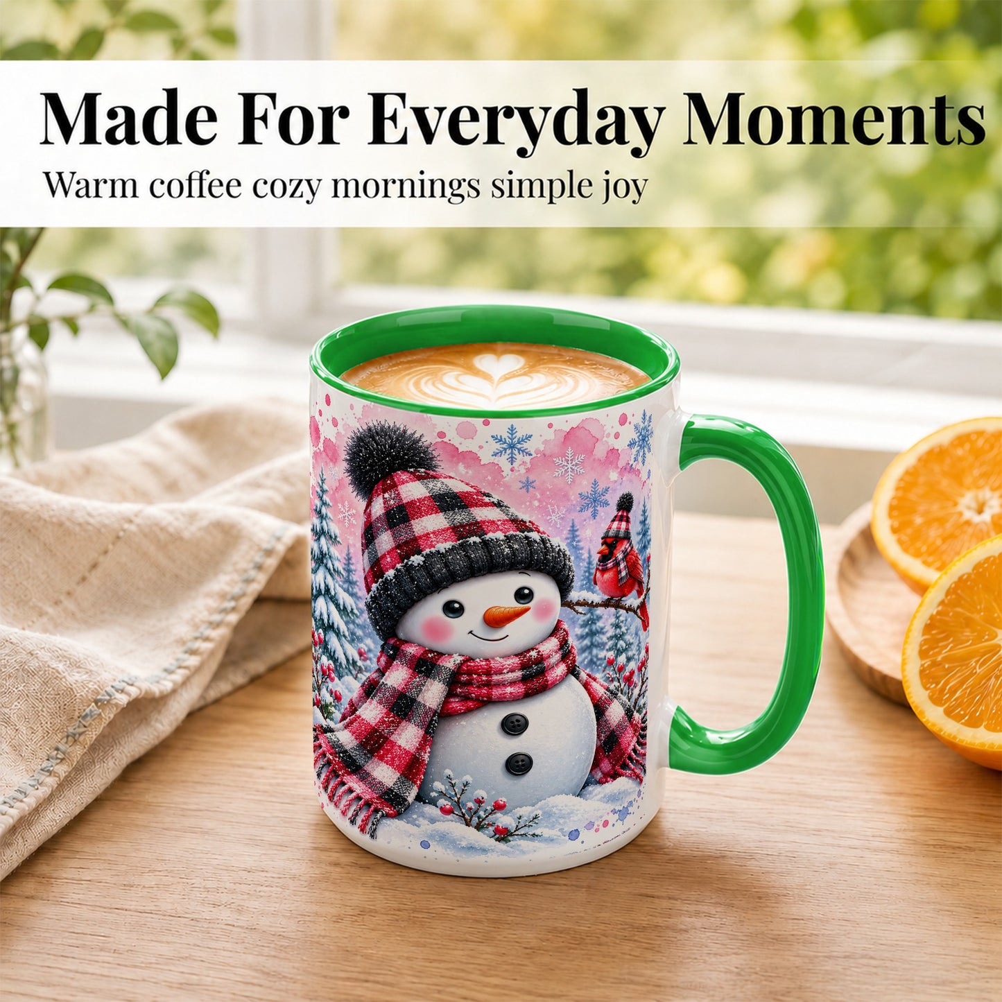 #pl[15oz|Green] Snowman Cardinal Coffee Mug, Buffalo Plaid Winter Mug, Ceramic Cup