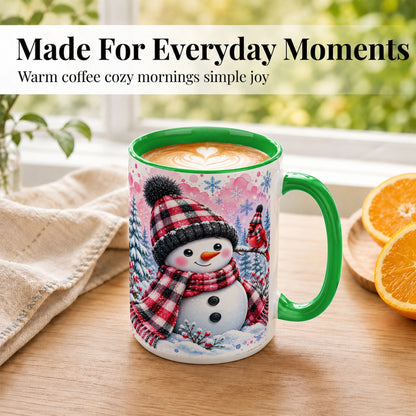 #pl[15oz|Green] Snowman Cardinal Coffee Mug, Buffalo Plaid Winter Mug, Ceramic Cup