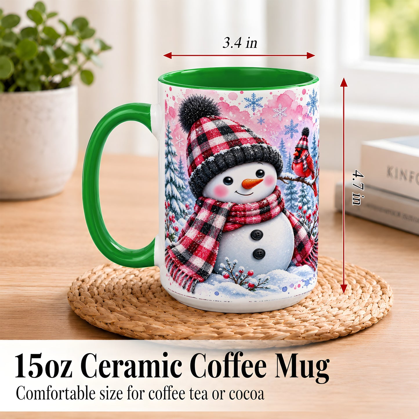 #pl[15oz|Green] Snowman Cardinal Coffee Mug, Buffalo Plaid Winter Mug, Ceramic Cup
