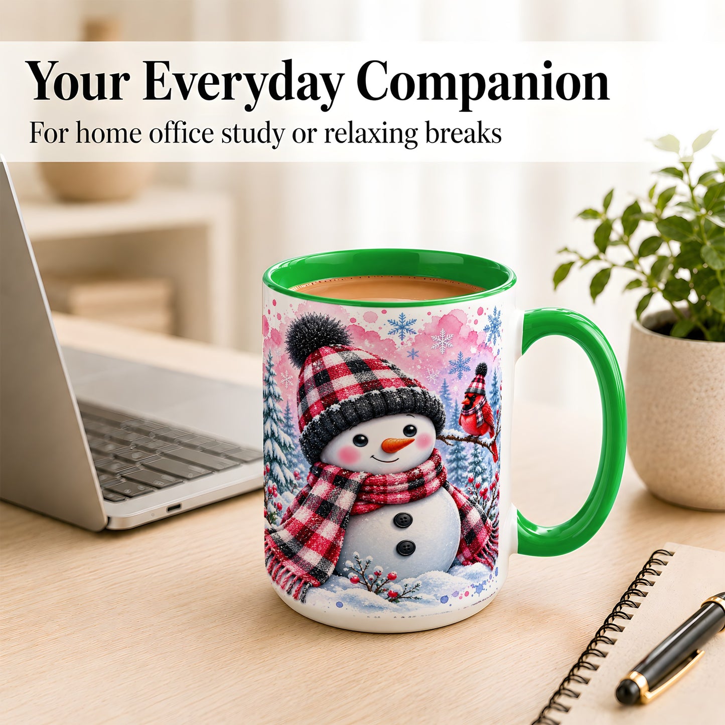 #pl[15oz|Green] Snowman Cardinal Coffee Mug, Buffalo Plaid Winter Mug, Ceramic Cup