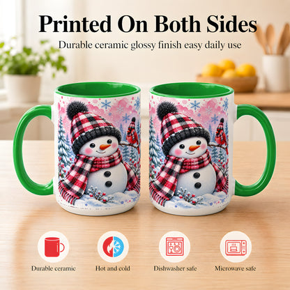 #pl[15oz|Green] Snowman Cardinal Coffee Mug, Buffalo Plaid Winter Mug, Ceramic Cup